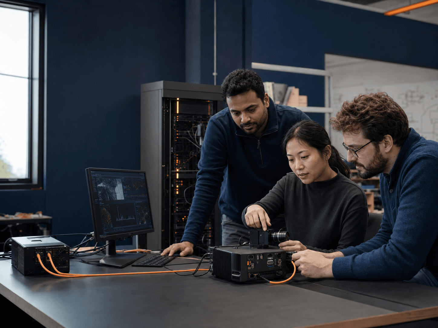 Applied AI researchers evaluating an edge-computing experiment beside GPU infrastructure