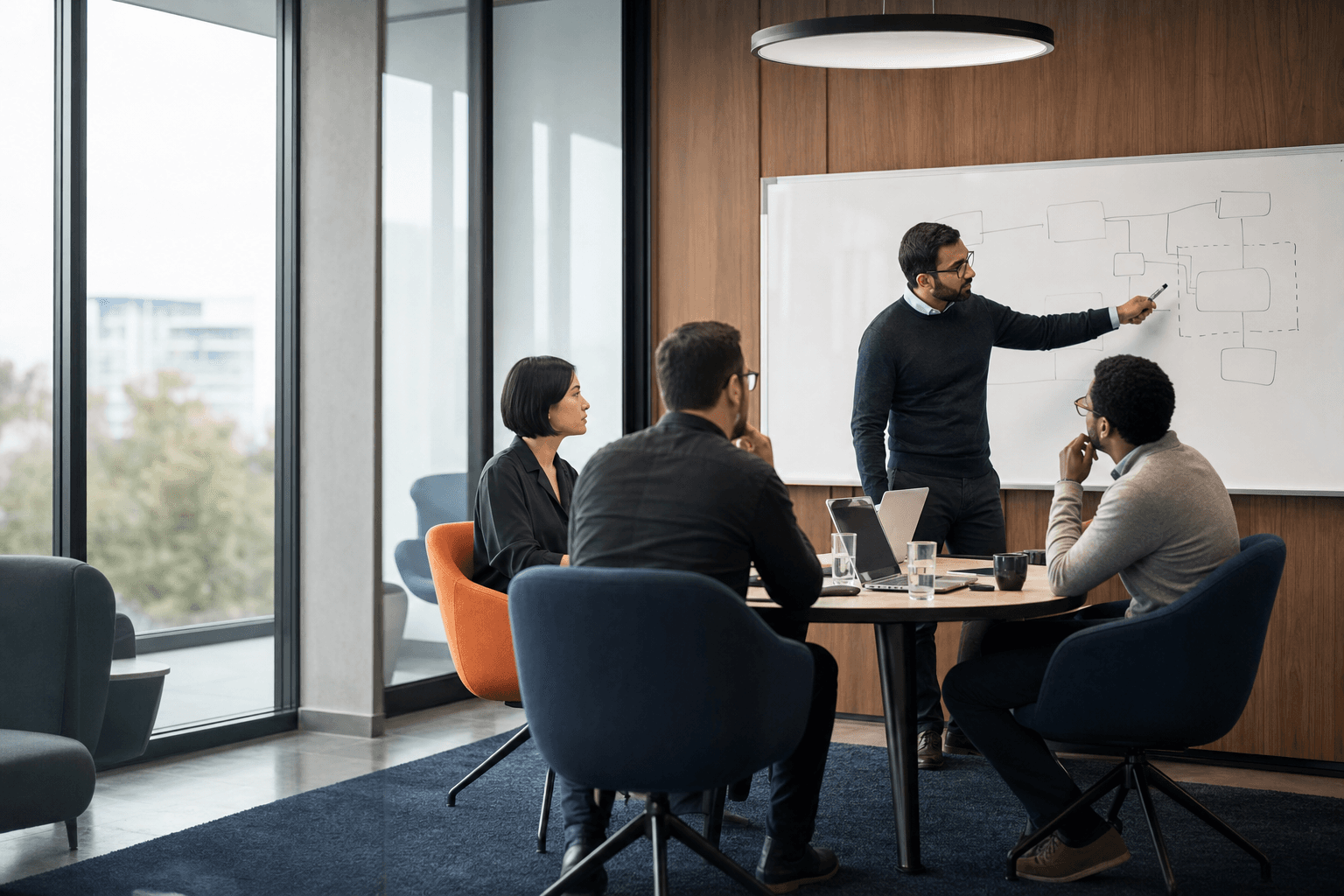Executive and technical leaders reviewing a system architecture during a strategy workshop