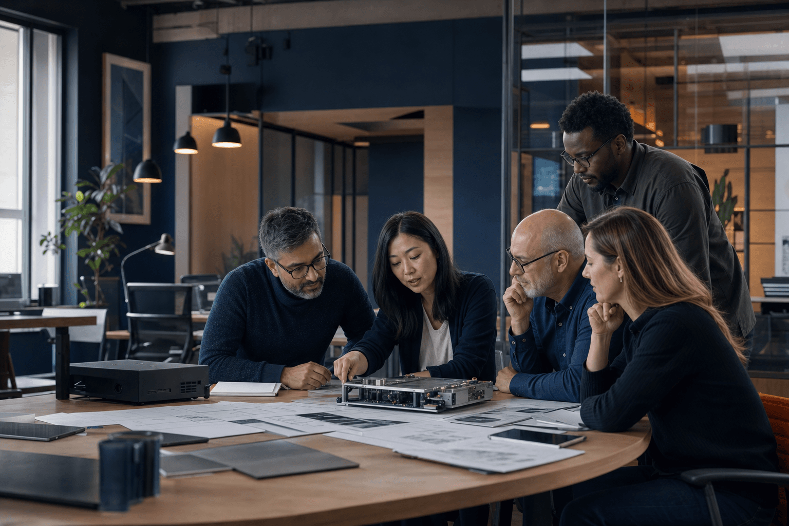 Multidisciplinary software and AI engineering team collaborating around a working edge-computing prototype