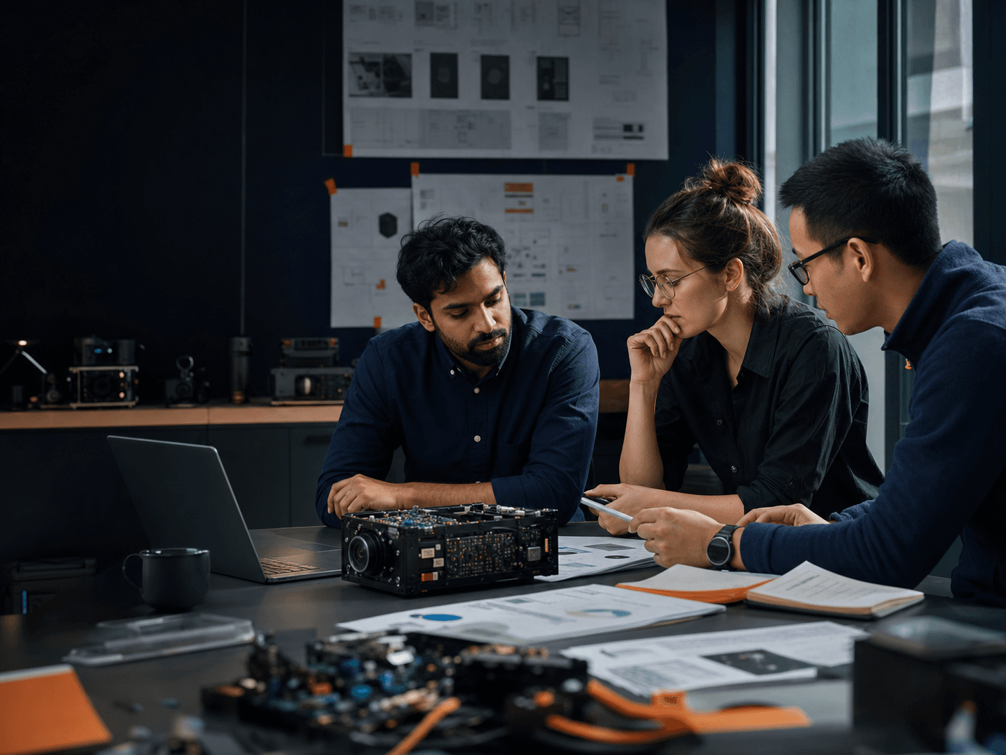 Innomium AI researchers and software engineers reviewing a camera and edge-computing prototype