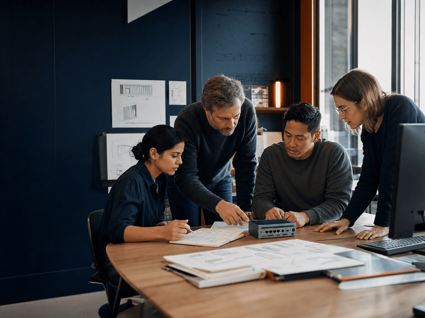 Innomium software, AI, product, and research professionals reviewing an edge-computing program