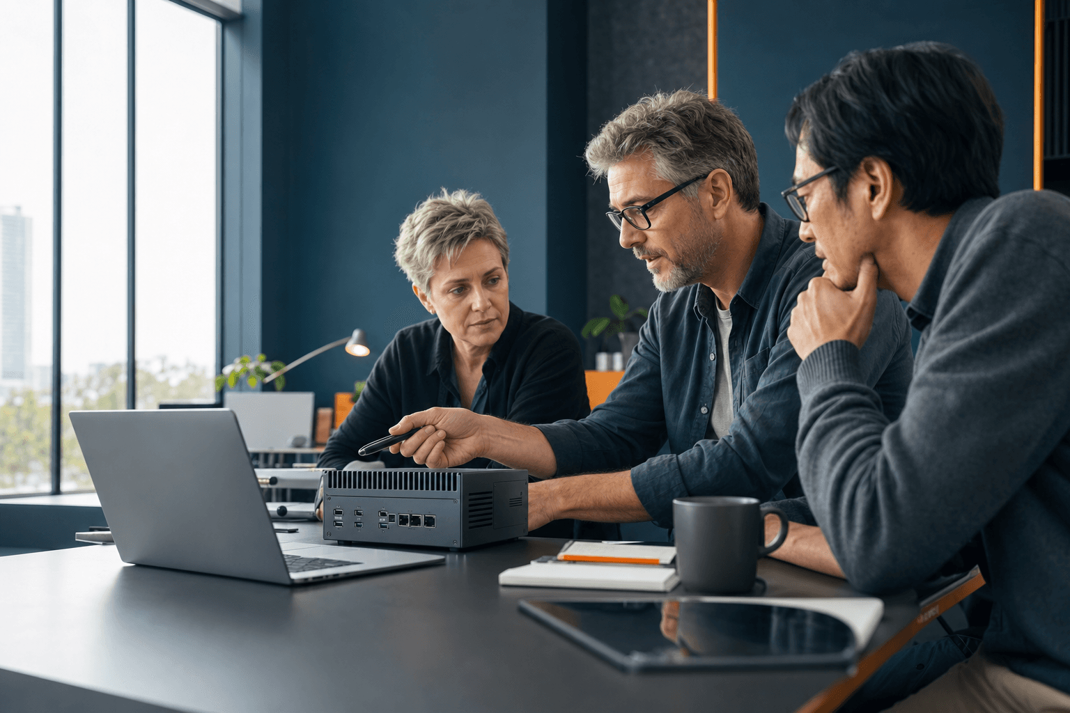 AI and software engineers reviewing an edge-computing system in a modern engineering studio