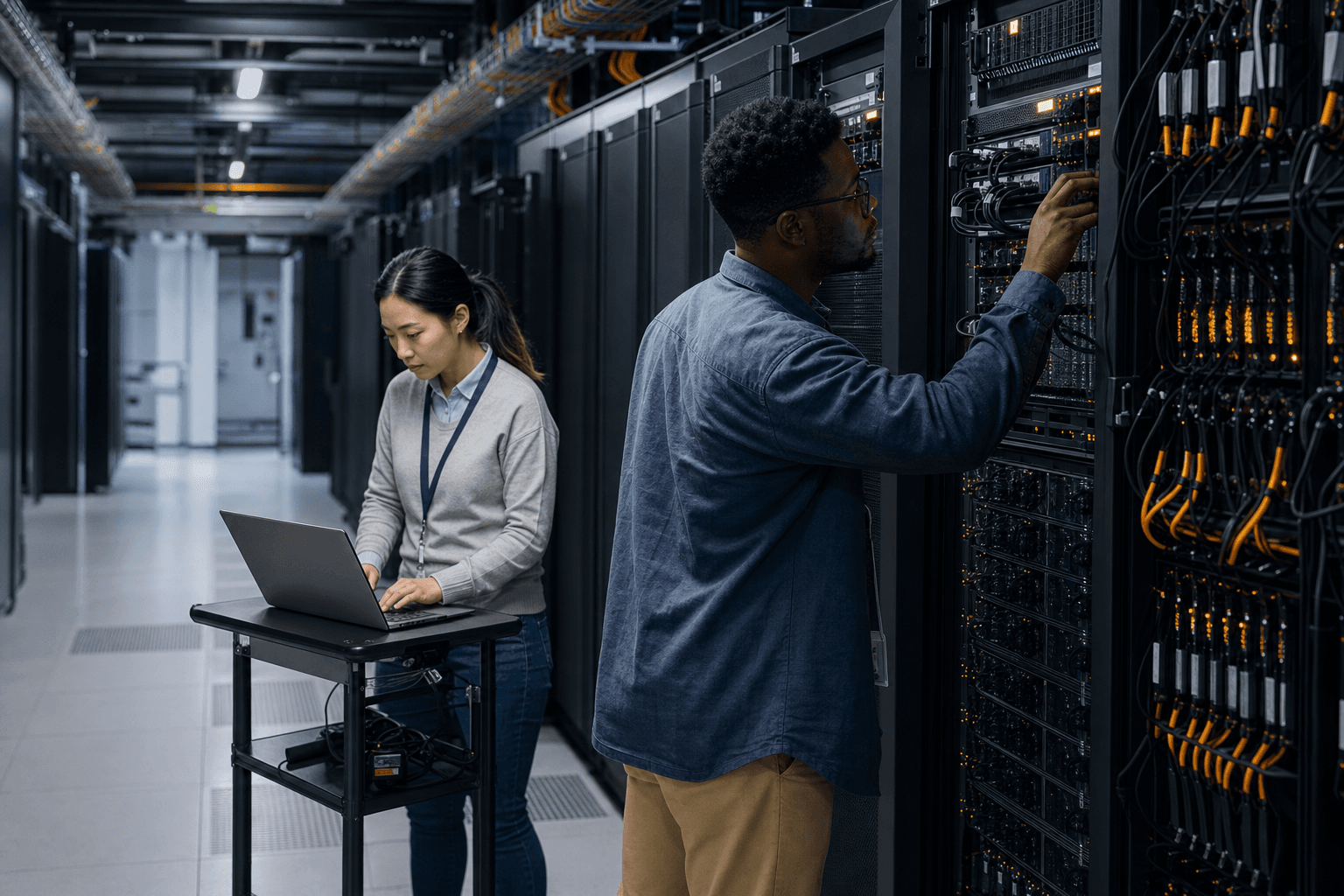 Platform engineers validating an AI deployment in a modern data center