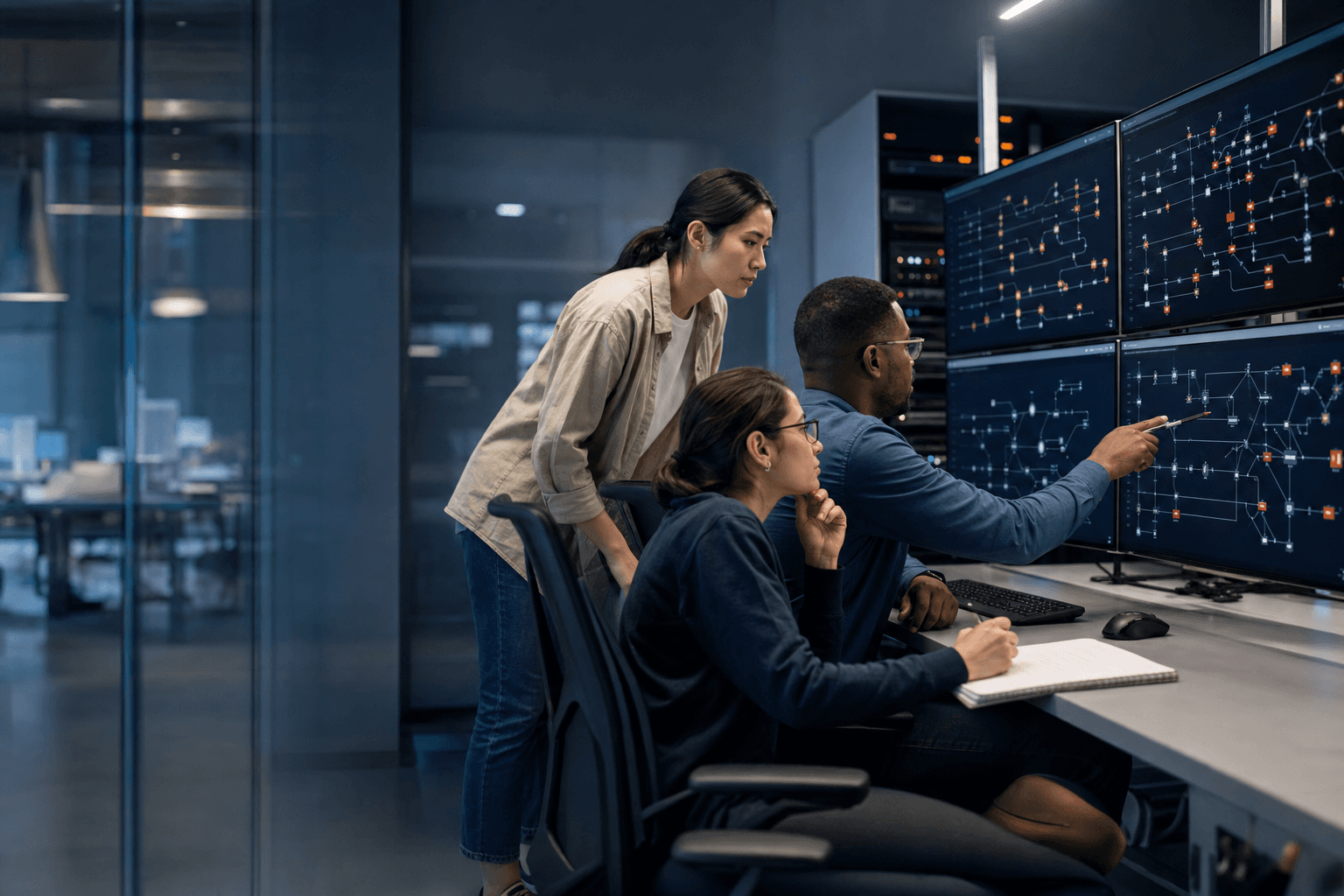 Data engineers reviewing production pipeline lineage and quality across several monitors