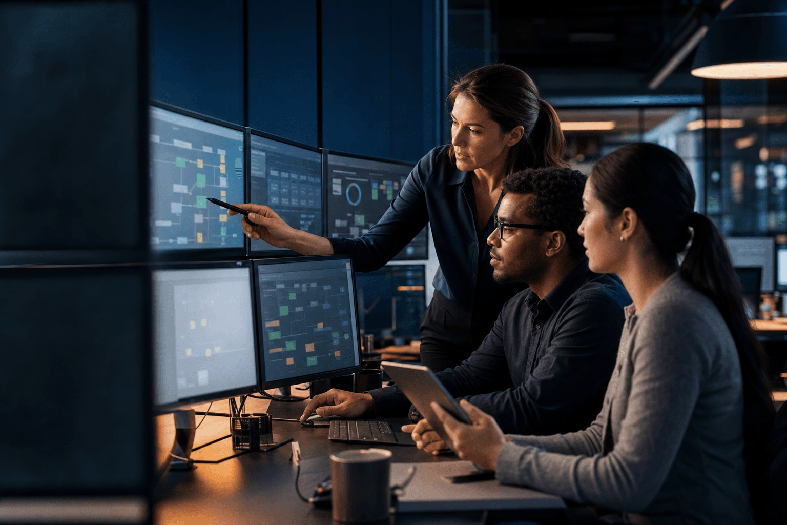 Operations team reviewing an AI-assisted workflow across multiple screens